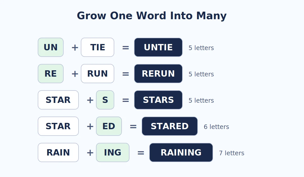 Short words growing into longer ones with prefixes and suffixes, like UN plus TIE making UNTIE and STAR plus ED making STARED